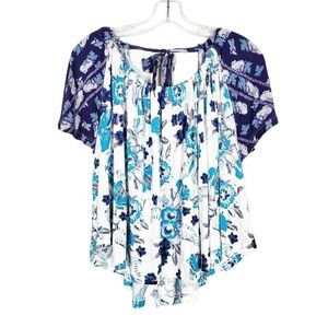 FREE PEOPLE Blue Floral Boho Baja Babe Open Tie Back Cold Shoulder NWT